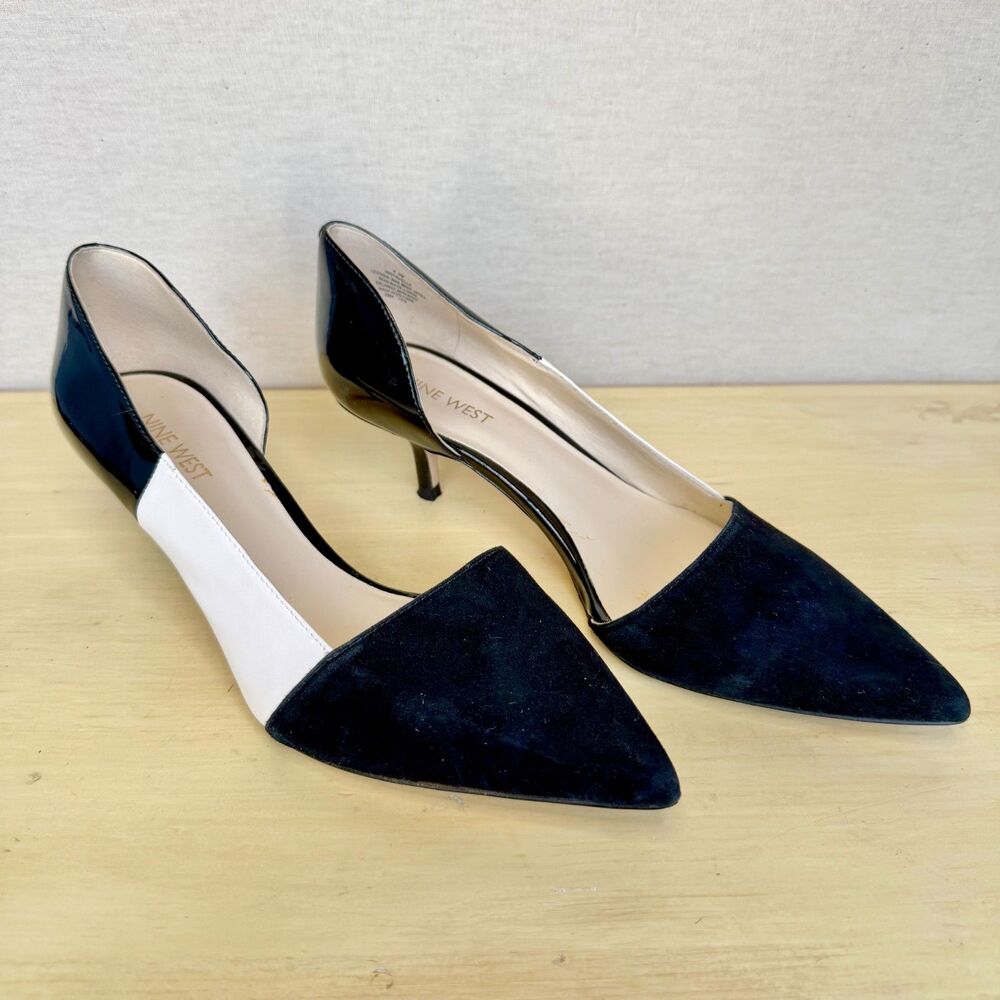 Nine West Favella Black Suede White Leather Colorblock Kitten Heels Size 8.5M